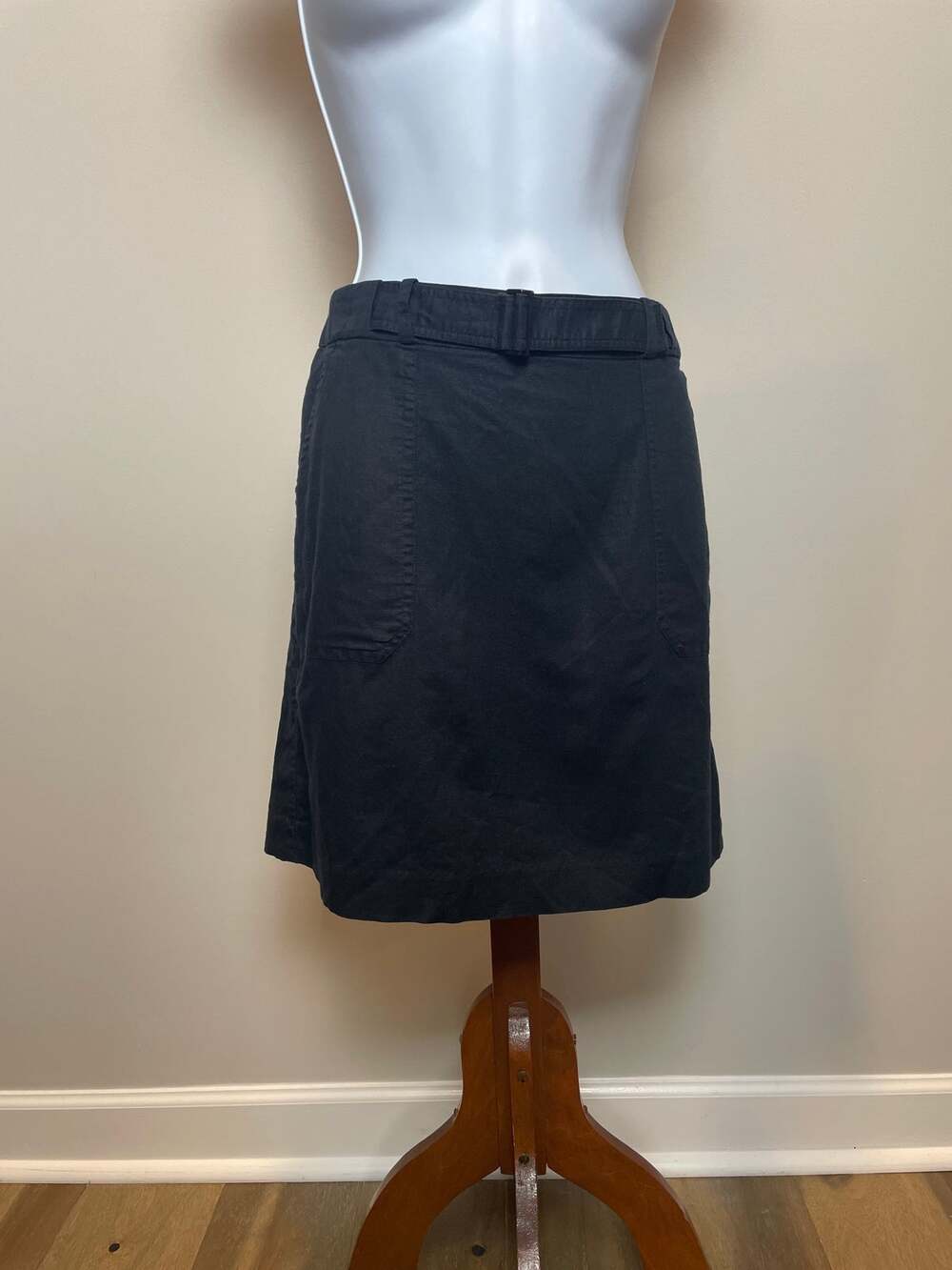 Banana Republic Skirt Black Cotton Linen Blend Elastic Waist Belt Detail Size M